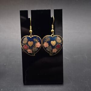 Cloisonne Heart Shaped Earrings Butterfly Flowers Blue Vintage 1980s Enamel